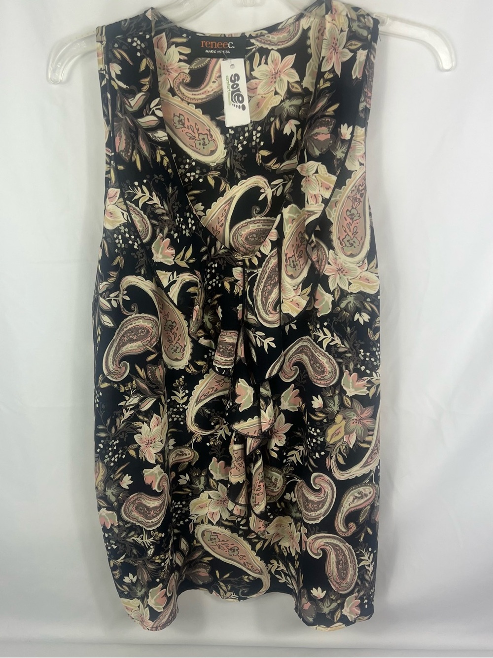 Renee C. Black Paisley & Floral Twist-Front Sleeveless Blouse